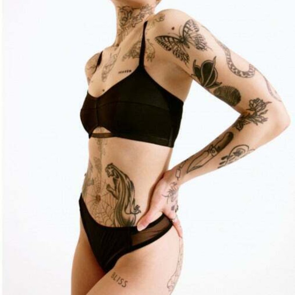 Blush Lingerie x Mei Pang XS Black Matching Micro Bralette and Leg Thong Panties